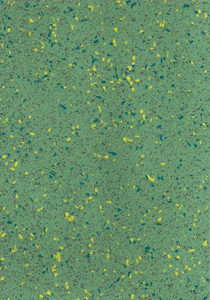 AU20-2513 anti-slip PVC flooring texture for bus and coach interiors, a green base with yellow, teal and dark chips